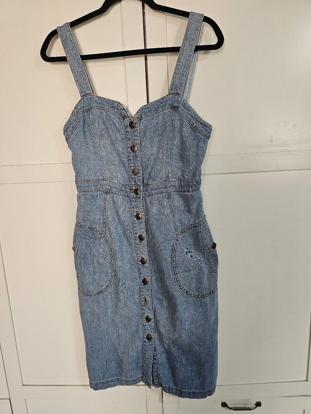 Anthro Pilcro Denim Button Front Mini Dress Sweetheart Pockets Blue Size 6